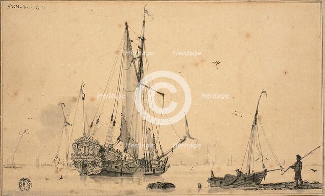 Harbor Scene with Ships and Fisherman, 1698. Creator: Sieuwert van der Meulen.