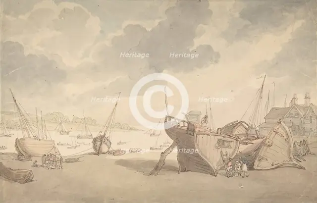 Harbor scene with the tide out, and beached boats, 1775-1827. Creator: Thomas Rowlandson.