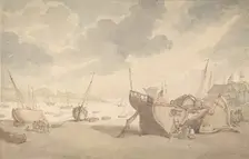 Harbor scene with the tide out, and beached boats, 1775-1827. Creator: Thomas Rowlandson