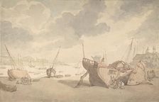 Harbor scene with the tide out, and beached boats, 1775-1827. Creator: Thomas Rowlandson