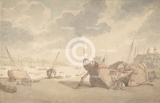 Harbor scene with the tide out, and beached boats, 1775-1827. Creator: Thomas Rowlandson.