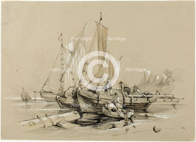 Harbor with Cutters, 1841. Creators: Eugene Blery, Eduard Julius Friedrich Bendemann.