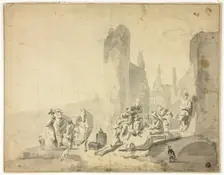Harborside Scene with Various Figures, n.d. Creators: Hendrik Verschuring, Thomas Wyck, Nicolaes Berchem