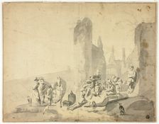 Harborside Scene with Various Figures, n.d. Creators: Hendrik Verschuring, Thomas Wyck, Nicolaes Berchem