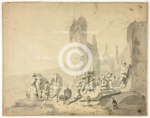 Harborside Scene with Various Figures, n.d. Creators: Hendrik Verschuring, Thomas Wyck, Nicolaes Berchem.
