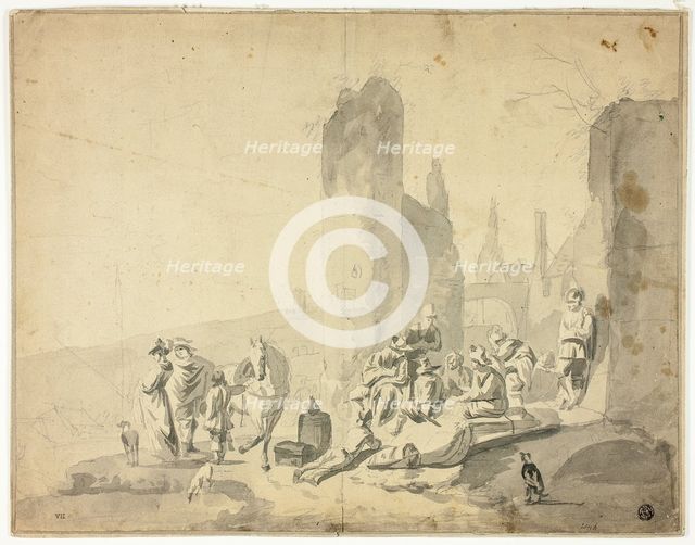 Harborside Scene with Various Figures, n.d. Creators: Hendrik Verschuring, Thomas Wyck, Nicolaes Berchem.