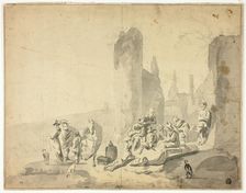 Harborside Scene with Various Figures, n.d. Creators: Hendrik Verschuring, Thomas Wyck, Nicolaes Berchem