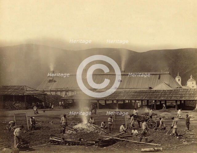 Hard Labor Convicts Roasting Ore in the Yard of the Kutomara Plant, 1891. Creator: Aleksei Kuznetsov.