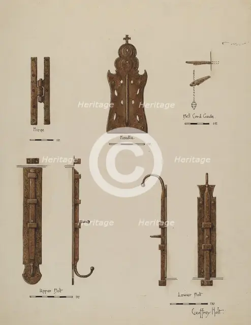 Hardware Details (of doors), c. 1940. Creator: Geoffrey Holt.