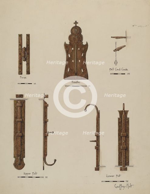 Hardware Details (of doors), c. 1940. Creator: Geoffrey Holt.