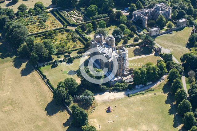 Hardwick New and Old Halls, both under scaffolding, and walled gardens, Derbyshire, 2022. Creator: Emma Trevarthen.