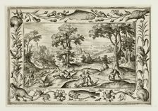 Hare Hunt, from Landscapes with Old and New Testament Scenes and Hunting Scenes, 1584. Creator: Adriaen Collaert