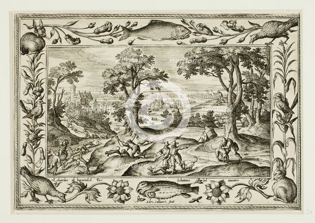 Hare Hunt, from Landscapes with Old and New Testament Scenes and Hunting Scenes, 1584. Creator: Adriaen Collaert.
