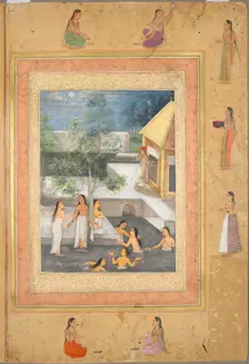 Harem Night-Bathing Scene (recto): Calligraphy Framed by an Ornamental Border...(verso), c. 1650. Creator: Unknown