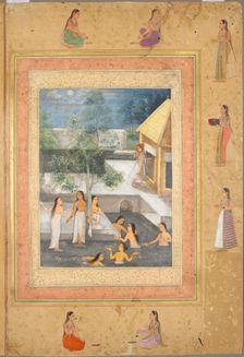 Harem Night-Bathing Scene (recto): Calligraphy Framed by an Ornamental Border...(verso), c. 1650. Creator: Unknown