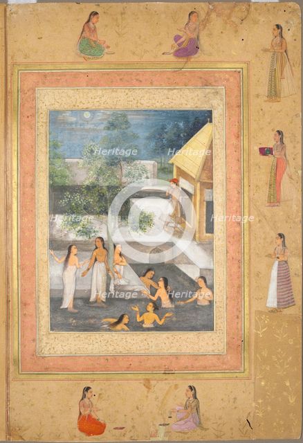 Harem Night-Bathing Scene (recto): Calligraphy Framed by an Ornamental Border...(verso), c. 1650. Creator: Unknown.