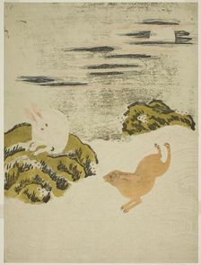 Hares Playing in Surf on a Moonlit Night, c. 1771. Creator: Isoda Koryusai
