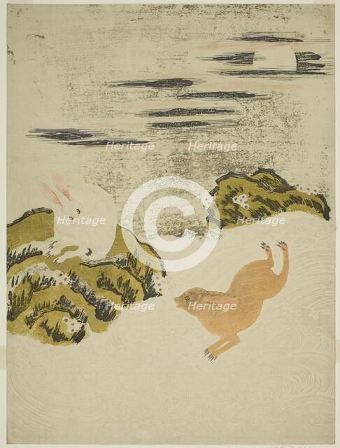Hares Playing in Surf on a Moonlit Night, c. 1771. Creator: Isoda Koryusai.