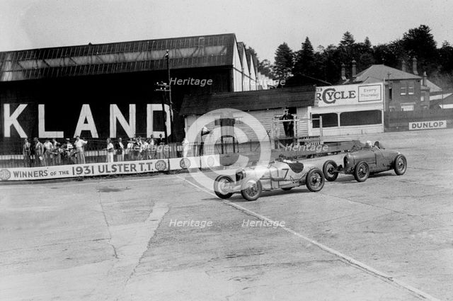 Harker Special of WE Harker and Bugatti Type 37 of John Appleton, BARC meeting, Brooklands, 1933. Artist: Bill Brunell.