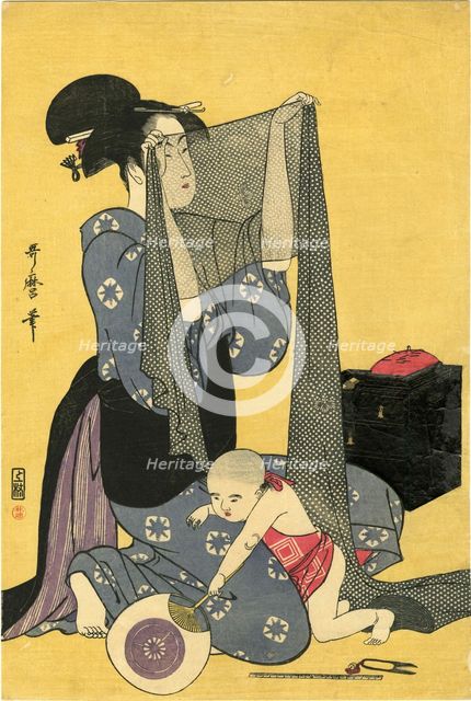 Hari-shigoto (Needlework). Triptych, left part, 1795. Creator: Utamaro, Kitagawa (1753-1806).