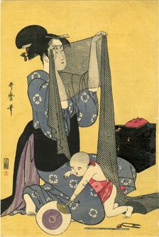 Hari-shigoto (Needlework). Triptych, left part, 1795. Creator: Utamaro, Kitagawa (1753-1806)