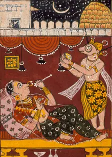Harinaigameshin Brings the Embryo of Jina Mahavira to Queen Trishala..., Mid-17th century. Creator: Unknown
