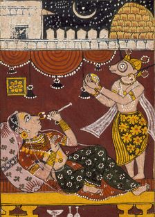 Harinaigameshin Brings the Embryo of Jina Mahavira to Queen Trishala..., Mid-17th century. Creator: Unknown