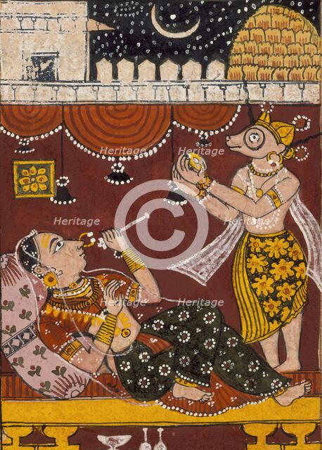 Harinaigameshin Brings the Embryo of Jina Mahavira to Queen Trishala..., Mid-17th century. Creator: Unknown.