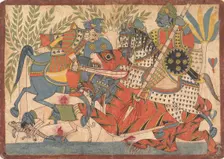 "Harishchandra and his Minister Killing a Tiger" folio from a Harishchandra Series, 1800-1850. Creator: Unknown