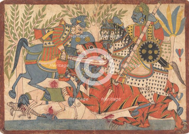 "Harishchandra and his Minister Killing a Tiger" folio from a Harishchandra Series, 1800-1850. Creator: Unknown.