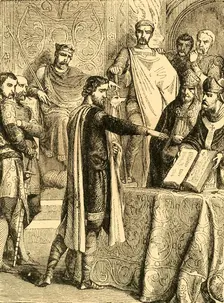 Harold swearing to maintain the Right of the Duke of Normandy to the Throne of England c1890. Creator: Unknown