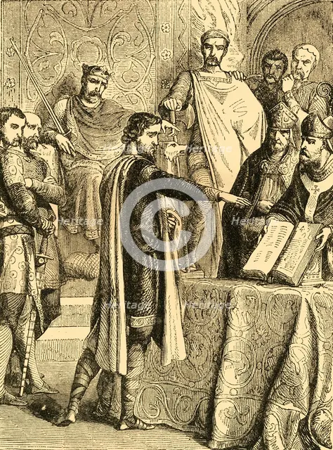 'Harold swearing to maintain the Right of the Duke of Normandy to the Throne of England', c1890. Creator: Unknown.
