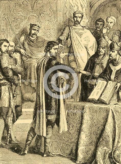 'Harold swearing to maintain the Right of the Duke of Normandy to the Throne of England', c1890. Creator: Unknown.
