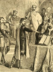 Harold swearing to maintain the Right of the Duke of Normandy to the Throne of England c1890. Creator: Unknown