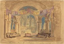 Harold Scene 3 Cathedral (The relics covered with cloth at centre). Creator: Robert Caney