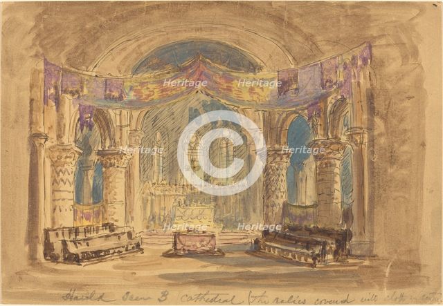Harold Scene 3 Cathedral (The relics covered with cloth at centre). Creator: Robert Caney.