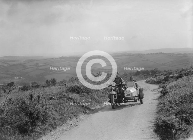 Harley-Davidson and sidecar of RW Praill competing in the MCC Torquay Rally, 1938. Artist: Bill Brunell.