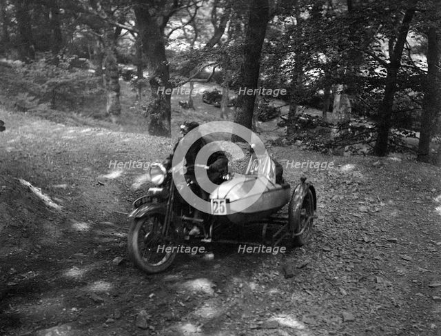 Harley-Davidson and sidecar, B&HMC Brighton-Beer Trial, Fingle Bridge Hill, Devon, 1934. Artist: Bill Brunell.