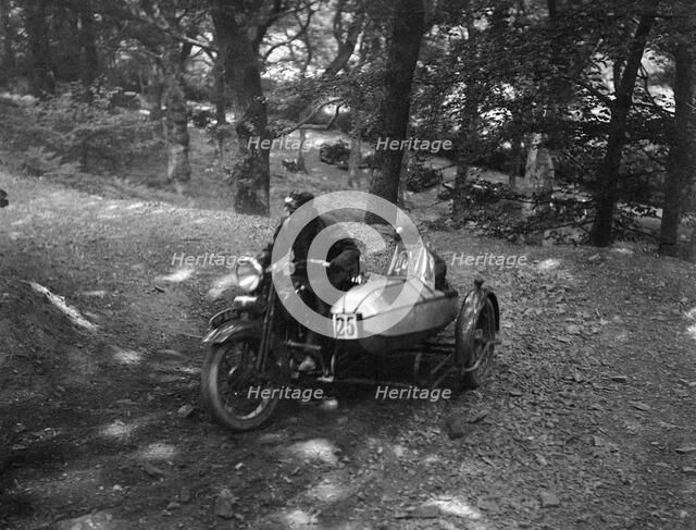 Harley-Davidson and sidecar, B&HMC Brighton-Beer Trial, Fingle Bridge Hill, Devon, 1934. Artist: Bill Brunell.