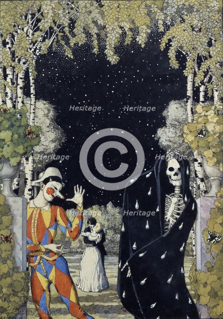 Harlequin and Death, 1907. Artist: Somov, Konstantin Andreyevich (1869-1939)