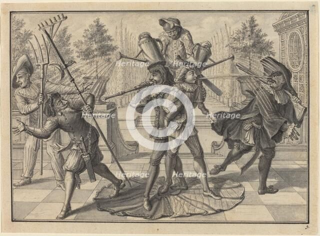 Harlequin and Scaramouche Create a "Fountain", 1729. Creator: Johann Jakob Schübler.