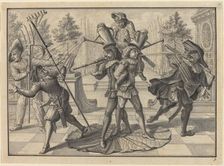 Harlequin and Scaramouche Create a "Fountain", 1729. Creator: Johann Jakob Schübler