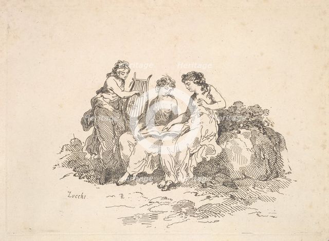 Harmony - Two Nymphs Singing, Another Playing a Lyre, 1784-88. Creator: Thomas Rowlandson.