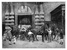 Harnessing the black horses at the Royal Mews, Buckingham Palace, London, c1888