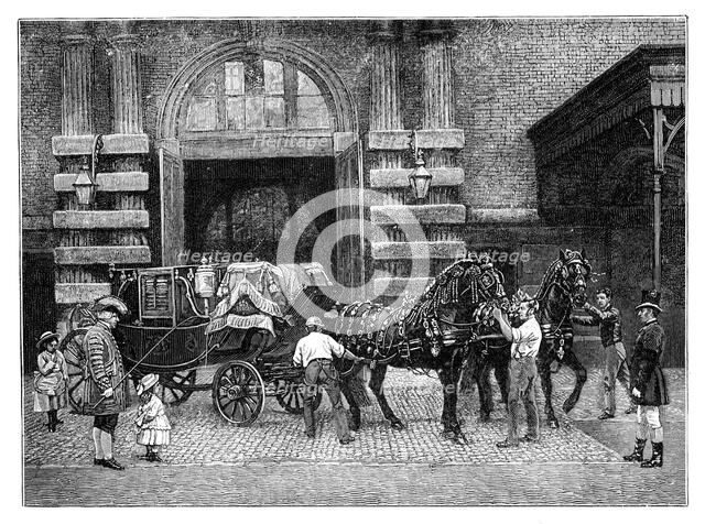 Harnessing the black horses at the Royal Mews, Buckingham Palace, London, c1888. Artist: Unknown