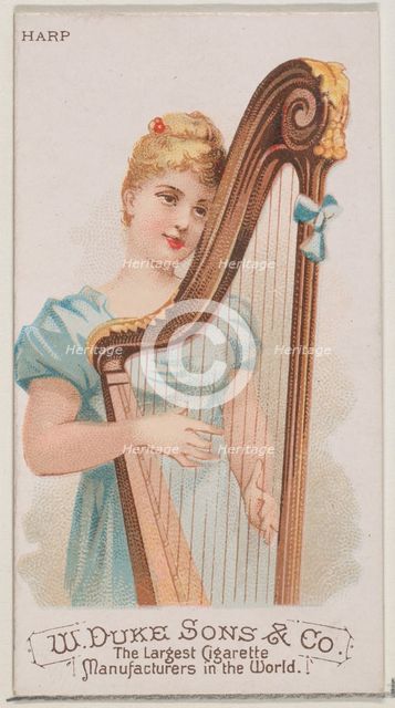 Harp, from the Musical Instruments series (N82) for Duke brand cigarettes, 1888., 1888. Creator: Schumacher & Ettlinger.