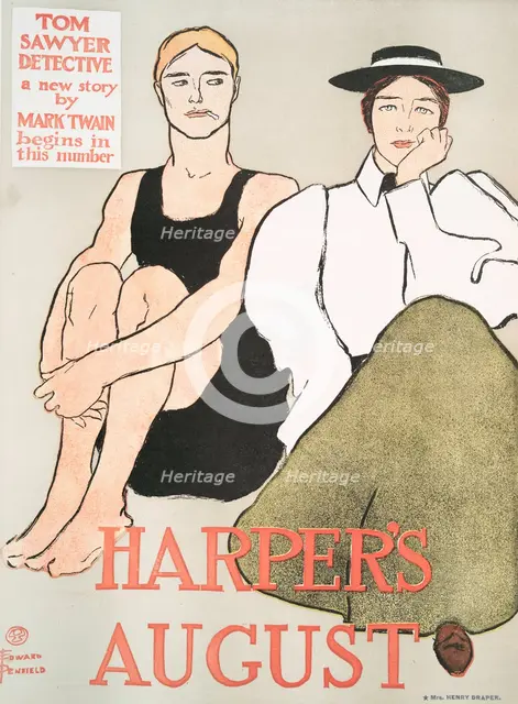 Harper's August, Tom Sawyer Detective a new story by Mark Twain Begins in this Number, c1896. Creator: Edward Penfield.