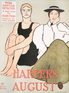 Harper's August, Tom Sawyer Detective a new story by Mark Twain Begins in this Number, c1896. Creator: Edward Penfield