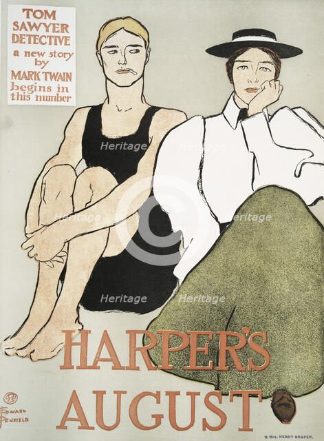 Harper's August, Tom Sawyer Detective a new story by Mark Twain Begins in this Number, c1896. Creator: Edward Penfield.