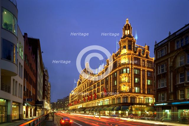 Harrods Department Store at night, Brompton Road, Knightsbridge, London, 2005. Artist: Unknown.
